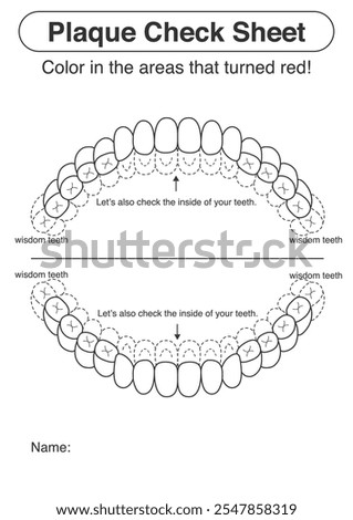 Permanent dentition brushing residue check sheet, plaque disclosing illustration.