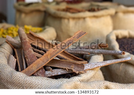 Big bag with cinnamon sticks in indian market Big bag with cinnamon sticks in indian market