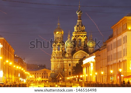 Night view of the Savior on Spilled Blood (Resurrection of Jesus Christ). St. Petersburg, Russia
