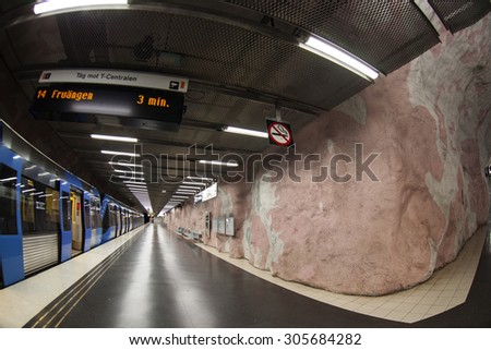 STOCKHOLM, SWEDEN - JUNE 20: Stockholm  subway station is full of sculptures and signs designed in the rainbow colors on June 20, 2015 in Stockholm, Sweden.