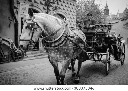 WARSAW - MAY 5: Horse carriage, appeared in the city in 1798, after World War II there were 410 units, some have survived to this day, tourist attraction in Warsaw in Poland on May 5, 2015