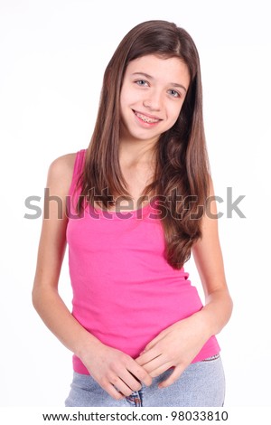 Beautiful Young Teen Girl With Brackets On Teeth In White Stock Photo ...