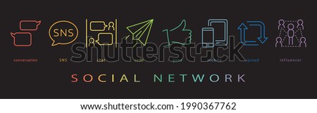 Social network vector icon set. neon color on black background.