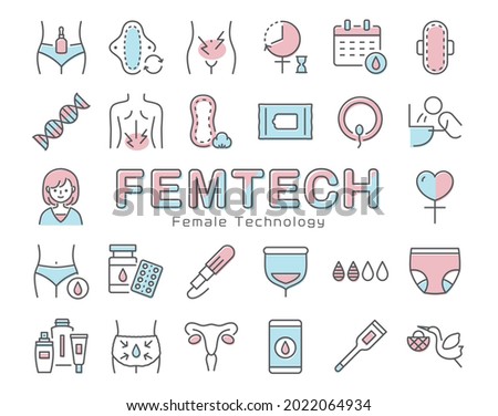 FEM TECH vector icon set.  line icon on white background.