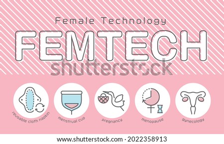 FEM TECH vector infographic. line icon on pink background.