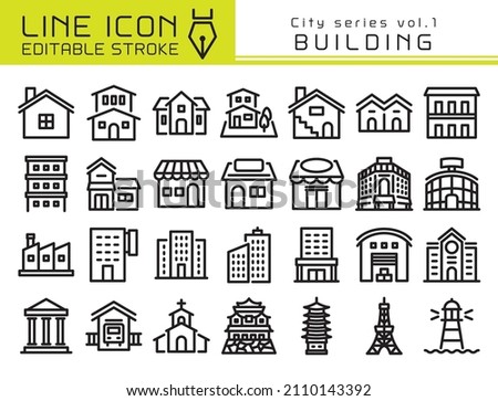 Building vector icon set. Editable line stroke.