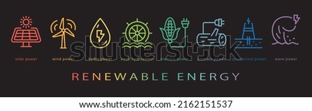 Renewable energy vector icon set. neon color on black background.