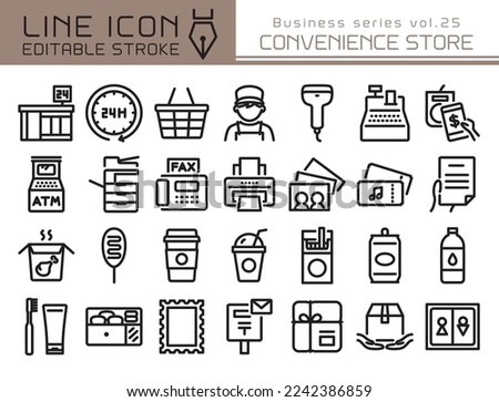 Convenience store vector icon set. Editable line stroke.