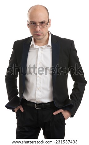 Serious bald man isolated on a white background