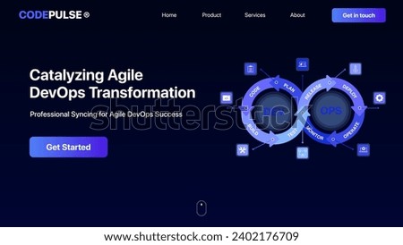 DevOps landing page hero screen concept. The processes between software development and IT teams