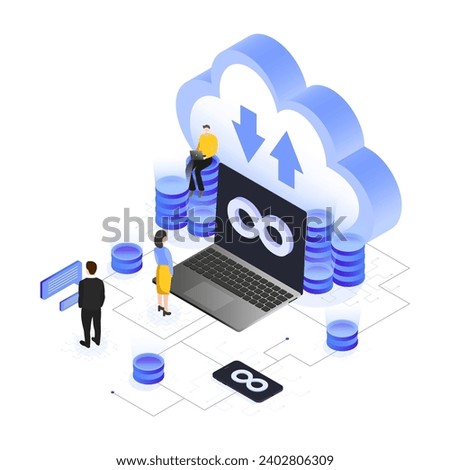 Illustration of cloud DevOps, a group of people working on a project