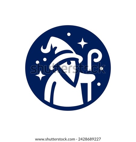 Logo design. A mystical wizard with a question-mark staff under starry skies. Vector. Eps10