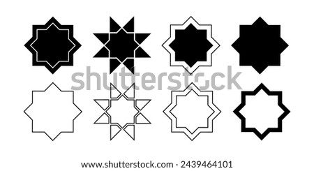 Vector icon set eight pointed star. Outline contour black silhouette arabic geometric design various elements.