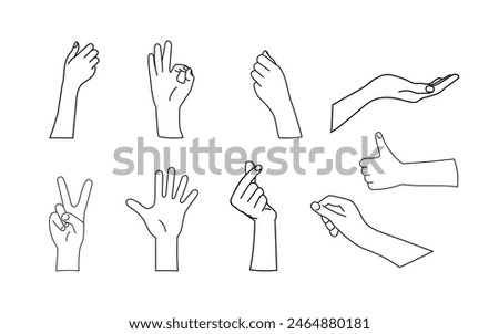 Hand gestures contour outline set collection vector illustration isolated on white background. Various gestures in flat style