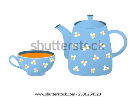 Blue Floral Teapot and Teacup Set on White Background - Modern Beverage Tableware Design.