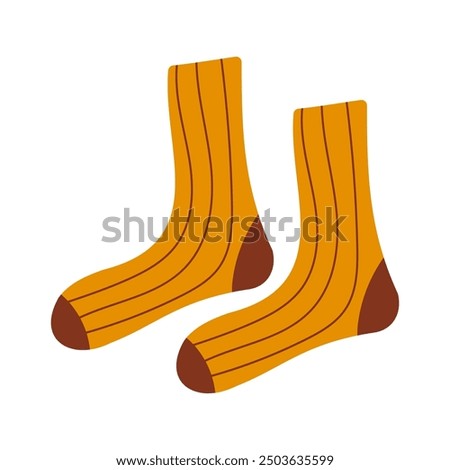 Orange Knitted Socks with Brown Accents Cozy Winter Wear Flat Vector Illustration Clipart Isolated. Print ready scalable graphic design elements for stickers, posters, postcard, wall art decoration