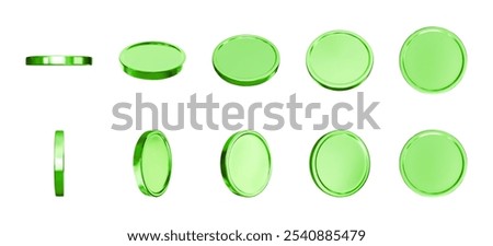 3d realistic green metal coins in different views rotating vertically and horizontally. Shiny blank coins vector isolated set