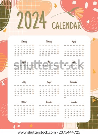 2024 Calendar template. 2024 Calendar year. vector illustration. The week starts on Monday. Annual calendar 2024 template. Calendar design. 2024 year template design.