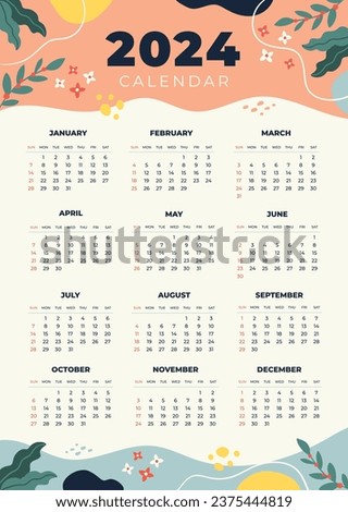 2024 Calendar template. 2024 Calendar year. vector illustration. The week starts on Monday. Annual calendar 2024 template. Calendar design. 2024 year template design.