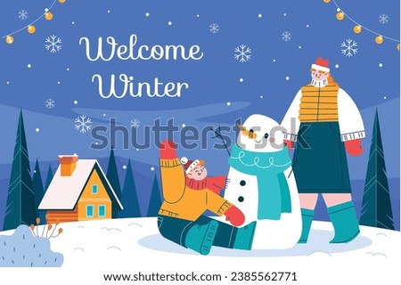 Happy Winter background. Hello Winter season. Cartoon Vector illustration Template for Poster, Banner, Greeting, Card, Flyer, Cover, Sale, Promotion. Snowfall, Snowy weather. welcome winter design.