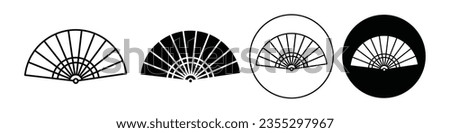 Folding fan icon. Japan or china traditional culture paper fan symbol. Vector logo of cooling fan made of wooden bamboo use in Spanish  flamenco dance. Flat outline set of beauty decorative element 