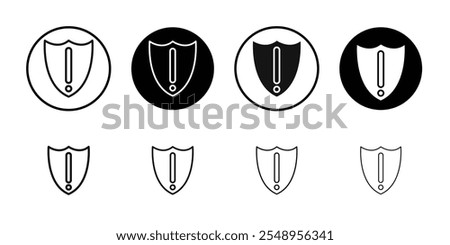 Shield exclamation icon flat line symbol set.