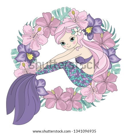 CUTIE Mermaid Princess Cartoon Tropical Summer Flower Wreath Vector Illustration Set