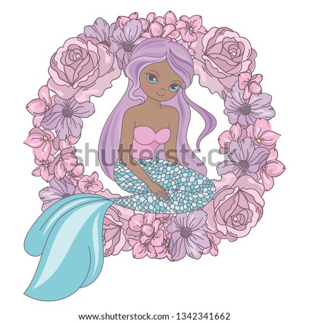 SWEET DREAMS Mermaid Princess Cartoon Tropical Summer Flower Wreath Vector Illustration Set