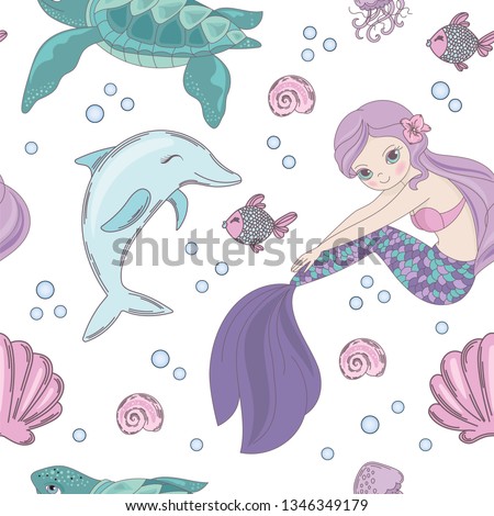 UNDERWATER WORLD Mermaid Princess Girl Underwater  Pattern Vector Illustration