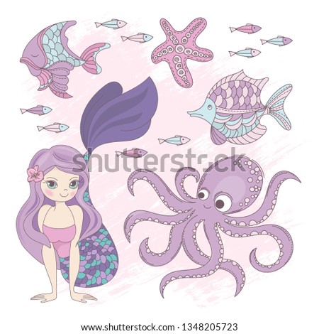 OCEAN Mermaid Princess Cartoon Sea Summer Tropical Cruise Vacation Vector Illustration Set