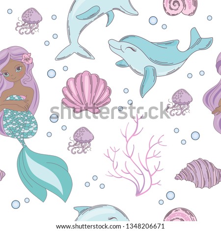 SEA Mermaid Princess Girl Underwater Tropical Ocean Travel Cruise Vacation Seamless Pattern Vector Illustration