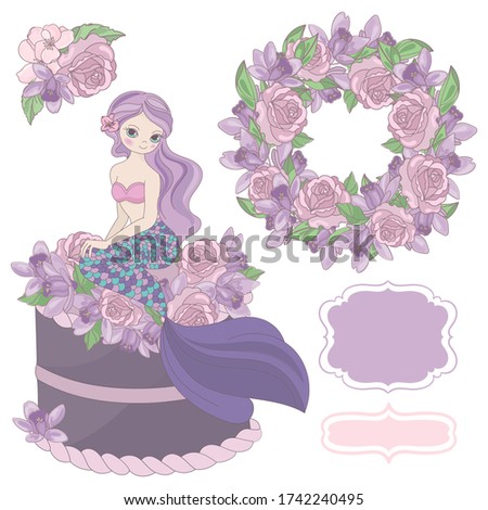 MERMAID BIRTHDAY SET Princess Girl Underwater Tropical Sea Ocean Travel Cruise Vacation Floral Wedding Holiday Clip Art Vector Illustration Complete for Print