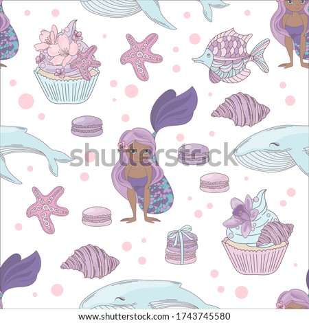 MERMAID AND WHALE Princess Girl Underwater Tropical Sea Ocean Travel Cruise Vacation Animal Seamless Pattern Vector Illustration for Print Fabric and Digital Paper