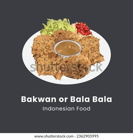 Bakwan sayur or Bala-bala or vegetable fritter, Indonesian snack made from flour, cabbage, carrots and bean sprouts, served with peanut sauce. Hand drawn watercolor vector illustration