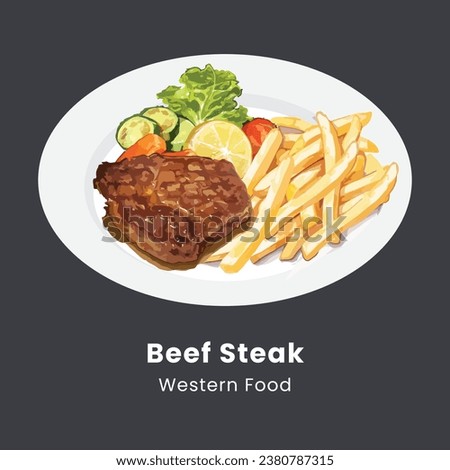Beef steak with with french fries and vegetable garnish on plate. Vector illustration
