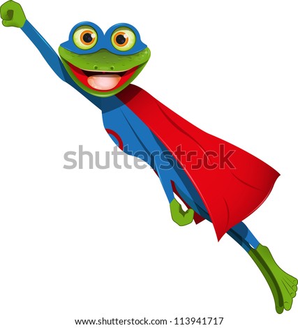 frog superhero in a mask and a blue cape