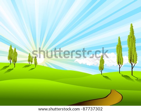 illustration, landscape with green field and trees