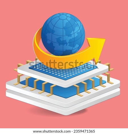 Flat 3d concept isometric illustration of earth rotating on high tech chip