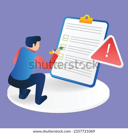 Isometric flat 3d illustration concept of man giving sign to find solution incident