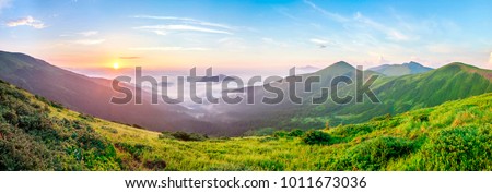 Similar – Image, Stock Photo Mountain panorama in morning light