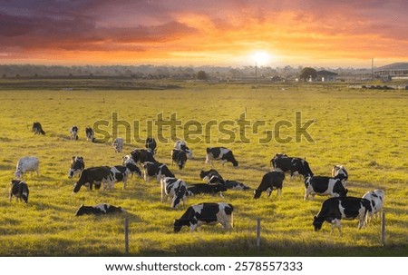 Similar – Foto Bild Reinrassige Kühe grasen auf der Weide in Bergnähe unter blauem Himmel