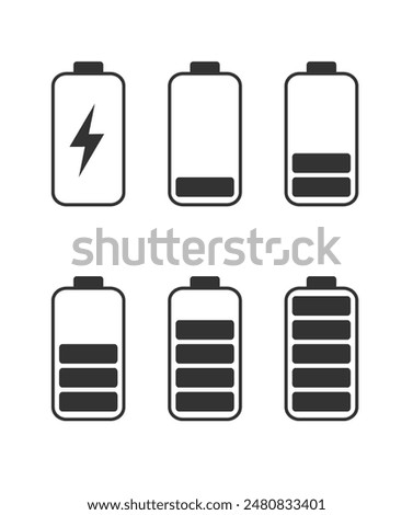 Battery icons set. Battery charge level. Charging icon. Vector outline illustration in flat style