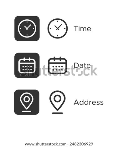 Date, Time, Address Location icon set. Editable outline flat vector. Isolated on gray background stock illustration. stock illustration