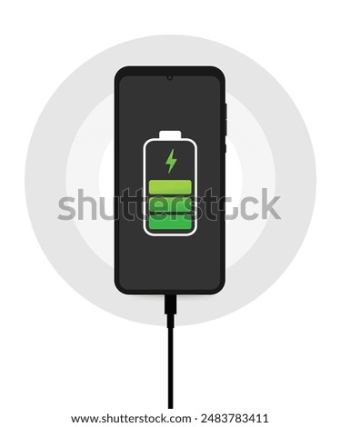 Smartphone charger adapter and electric socket, low battery notification. Vector stock illustration.