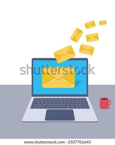 Laptop with Email marketing concept. Flat design vector stock illustration. Sending or receiving e-mail marketing in computer stock illustration