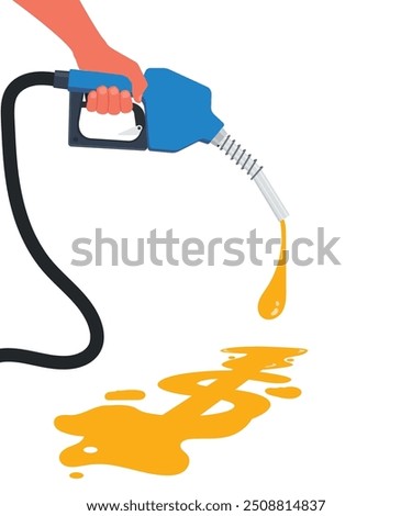 Hand holding gas fuel pump nozzle stock illustration. Fuel nozzle in a hand with a dollar sign on a droplet