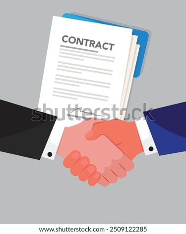 Handshake of business people on the background of the contract. Two businessmen shake hands after signing agreements. Two hands doing handshake, business concept. stock illustration