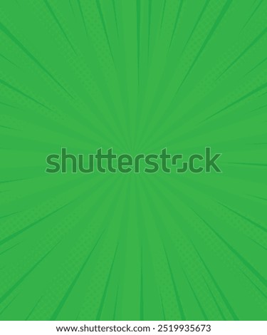 Green starburst and halftone comic cartoon background . Dynamic light beams background. Carefully layered and grouped for easy editing.