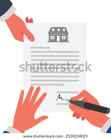 Real estate business document. One hand is keeping a document, and another hand is keeping a pen. House icon above the text. Signing of contract. Real estate business and realty insurance