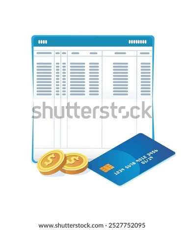 Bank account book with money and credit card. Passbook, saving money, payment online, financial business, business transaction. account and saving concept. coins, banking. stock illustration